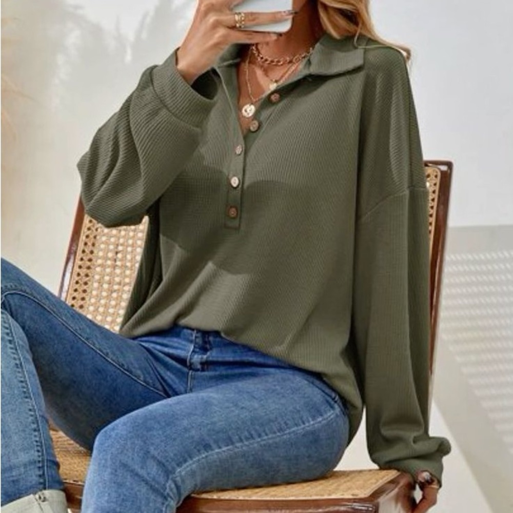 SHEIN Half Button Drop Shoulder Waffle Knit Tee | Size Small - Picture 8 of 8